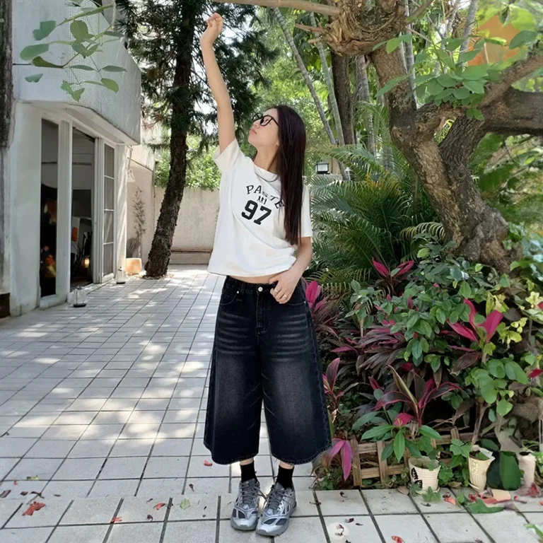 Black Y2k Style Baggy Denim Shorts Women Wide Leg Short