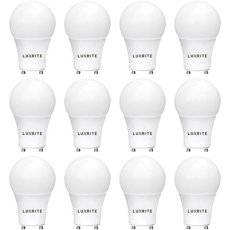 - 12-Pack GU24 LED A19 Light Bulb, Luxrite, 60W Equivalent, 2700K Soft White, Dimmable, 800 Lumens, LED GU24 Bulb, 9W, Enclosed Fixture Rated, UL Listed, Perfect for Ceiling Fans and Outdoor Fixtures