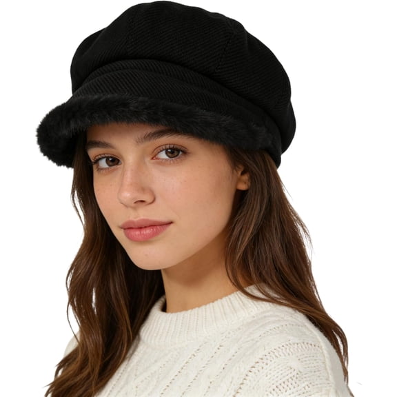 Kukuzhu Women Winter Newsboy Cap Retro Plush Painter Hat Thick Warm Octagonal Hat Fuzzy Visor Beret Cabbie Cap