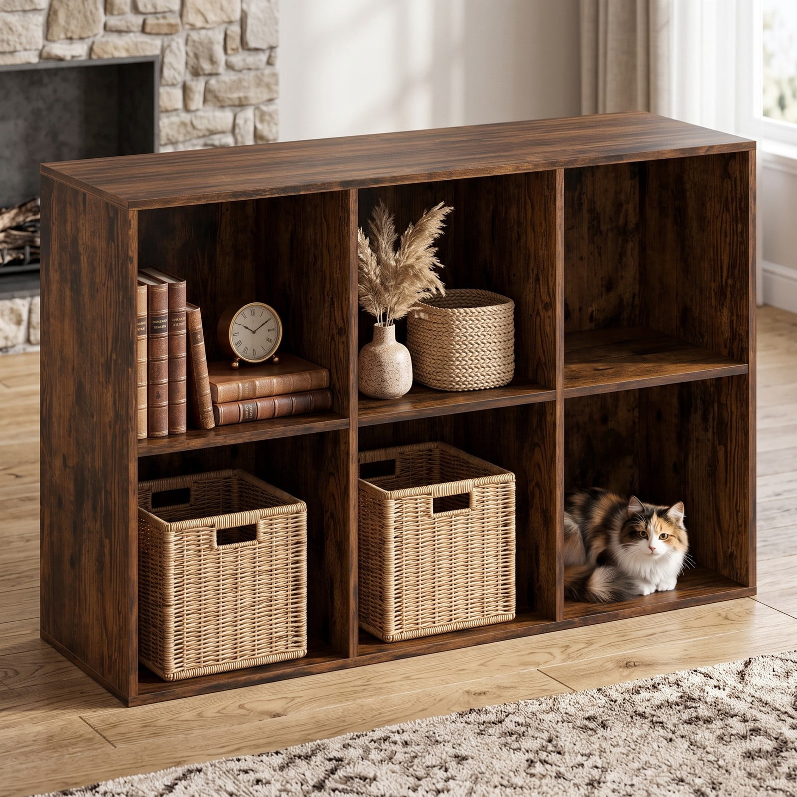 Furnibear 6-Cube Bookcase Storage Organizer with Anti-Tipping Kits, Engineered Wood Cube Bookshelf Display Shelf for Bedroom Living Room Study Room, Rustic Brown