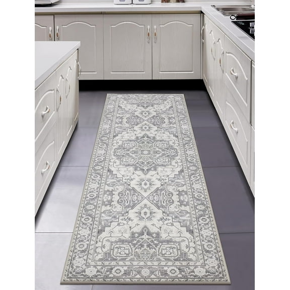 Washable Runner Rug Non Slip Kitchen Rug Runners for Hallways,Stain Resistant Vintage Floor Carpet Runners for Entryway,Laundry Room,Bedroom-Beside Area Rugs(Ivory Grey)