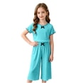 thumbnail image 2 of Amidoa Girls 2 Piece Outfits Summer Clothes Solid Color Cute Short Sleeve T-Shirt and Shorts Casual Kids Clothing Sets,Blue Size 7, 2 of 9