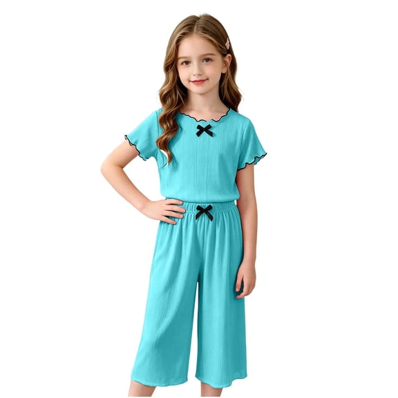 WRKEKC Girls 2 piece Outfits Solid Scalloped Bow Short Sleeve Round Neck Top and Wide Leg Long Pants Set for 0-11 Years