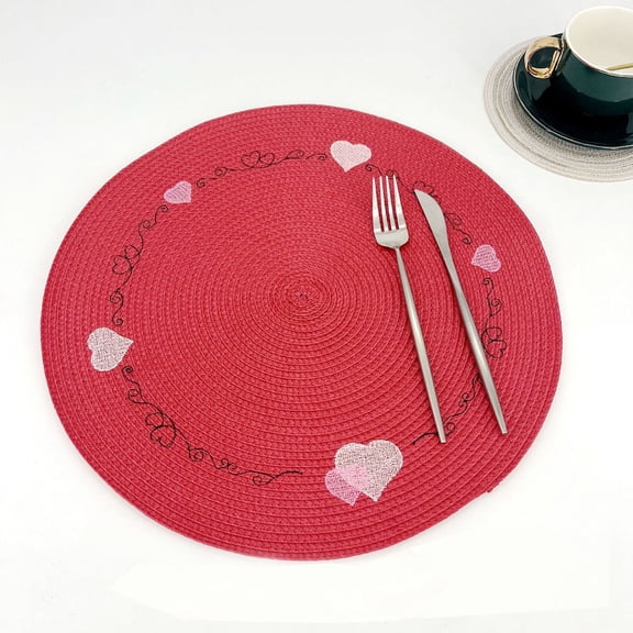 YIMWNYI Valentines Day Placemats Round - Red Valentines Placemats Non-Slip Heart Table Mats for Valentines Day Decorations Table Decorations, 14.9in