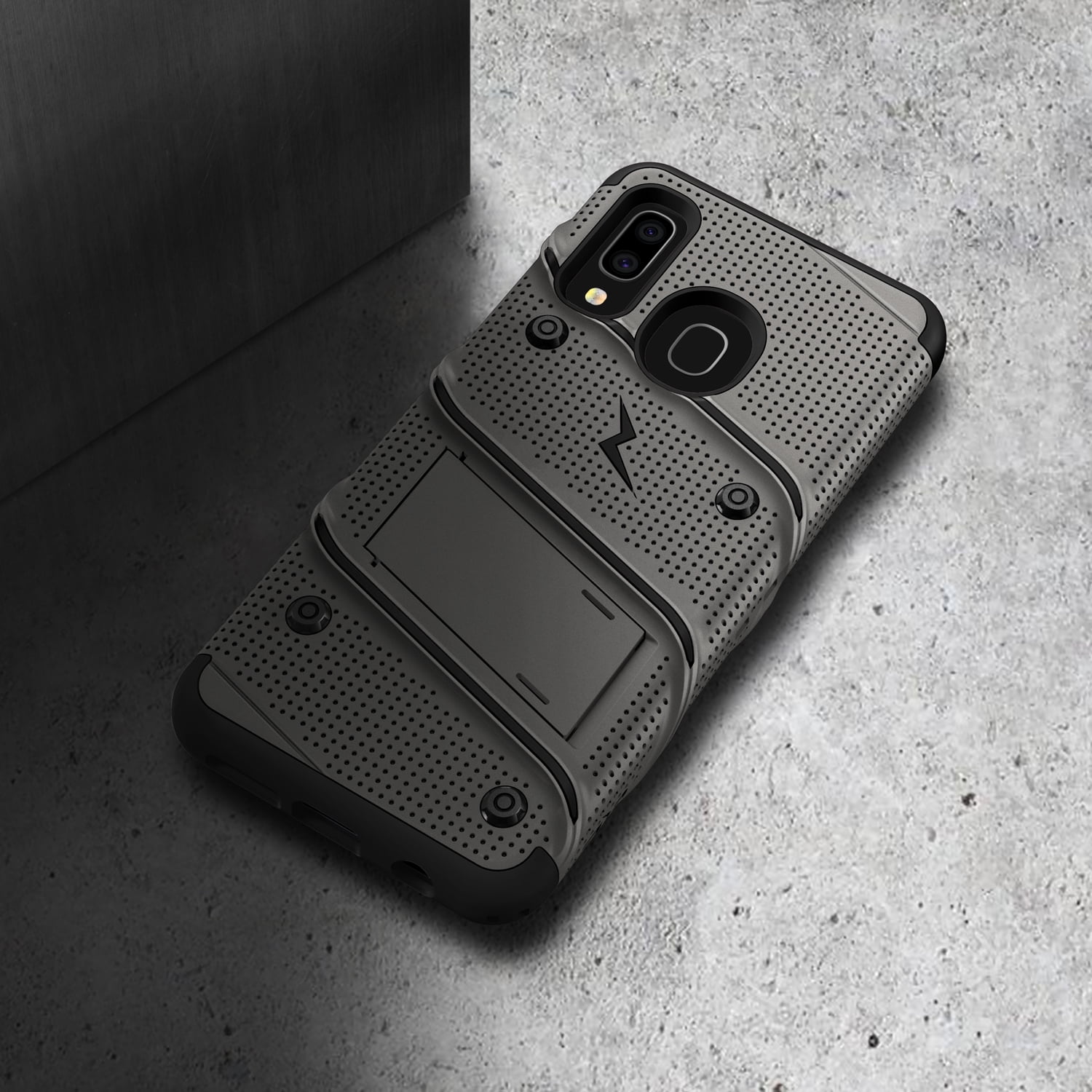 ZIZO BOLT Series for Samsung Galaxy A20 Case | Heavy-duty Military-grade Drop Protection w/ Kickstand Included Belt Clip Holster Tempered Glass Lanyard Galaxy A50 - Metal Gray