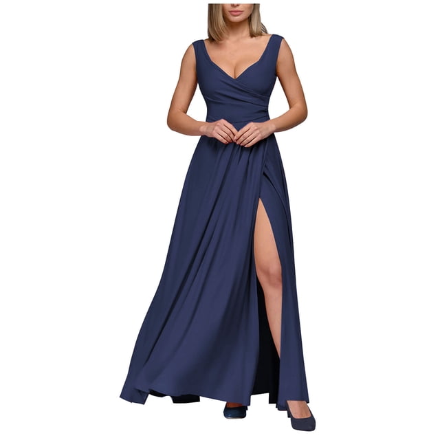 QIPOPIQ 2024 Robe de Cocktail Sexy Sans Manches à Col en V Froncée pour Femmes Robe de Bal Robe de Demoiselle d'Honneur pour Invités de Mariage Été en Solde