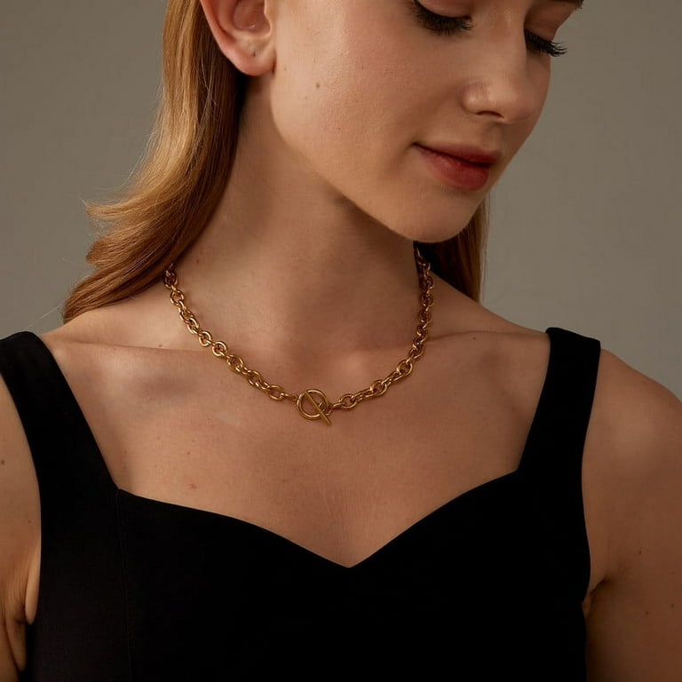 Kyazeo Chunky Toggle Necklace 18K Gold Plated Simple Chain Link