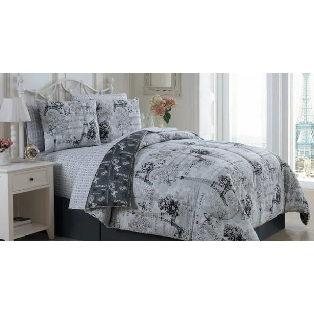 Paris Eiffel Tower Black White Erflies Flowers King Comforter Set 8 Piece Bed In A Bag Com Flowers King Comforter Set, Eiffel Tower Bedding Set King Size