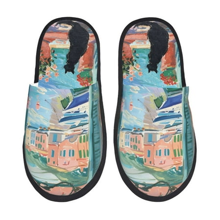 

Noikeo Coastal Cat By The Window Pattern Cozy Slippers Indoor for Women and Mens Fuzzy House Shoes Soft Plush Warm Slip-on Slippers-Medium