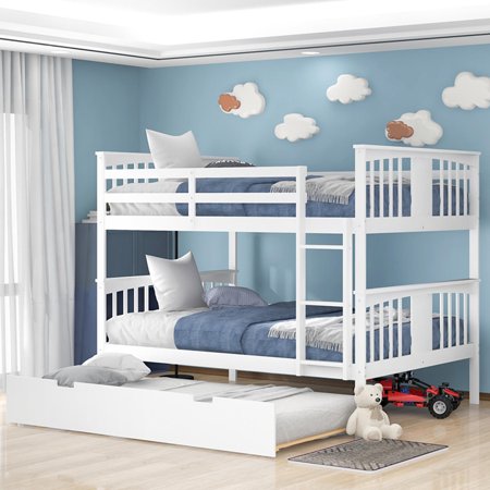 Full Over Full Bunk Bed with Twin Size Trundle  Solid Wood Bunk Bed Frame with Safety Guardrail and Ladder  Multifunctional Bunk Bed with Headboard for Kids Adults  No Box Spring Needed  White