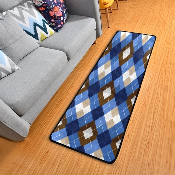 Blue Brown Argyle Style Pattern Plaids Long Floor Mat Runner Rug Area Rug Carpet Water Absorbent Non-Slip 72" x 24"