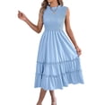 thumbnail image 3 of Women'S Ruffle Trim Flutter Sleeve Midi Dress Pleated Crew Neck Tiered Smocked Flowy Dresses Light Blue XL, 3 of 10