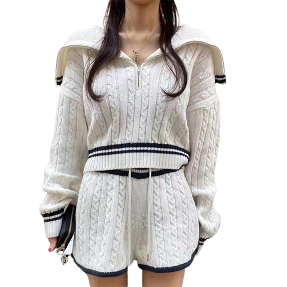 Womens 2 Piece Outfits Zipper Lapel Knit Pullover Sweater Shorts Set Wide Leg Matching Set Loungewear