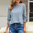 thumbnail image 2 of Womens 3/4 Length Sleeve Tops Fall Striped Trendy Casual Loose Fit Crewneck Sweatshirts Basic Work Daily Plus Size Tops,Blue 3,L, 2 of 3