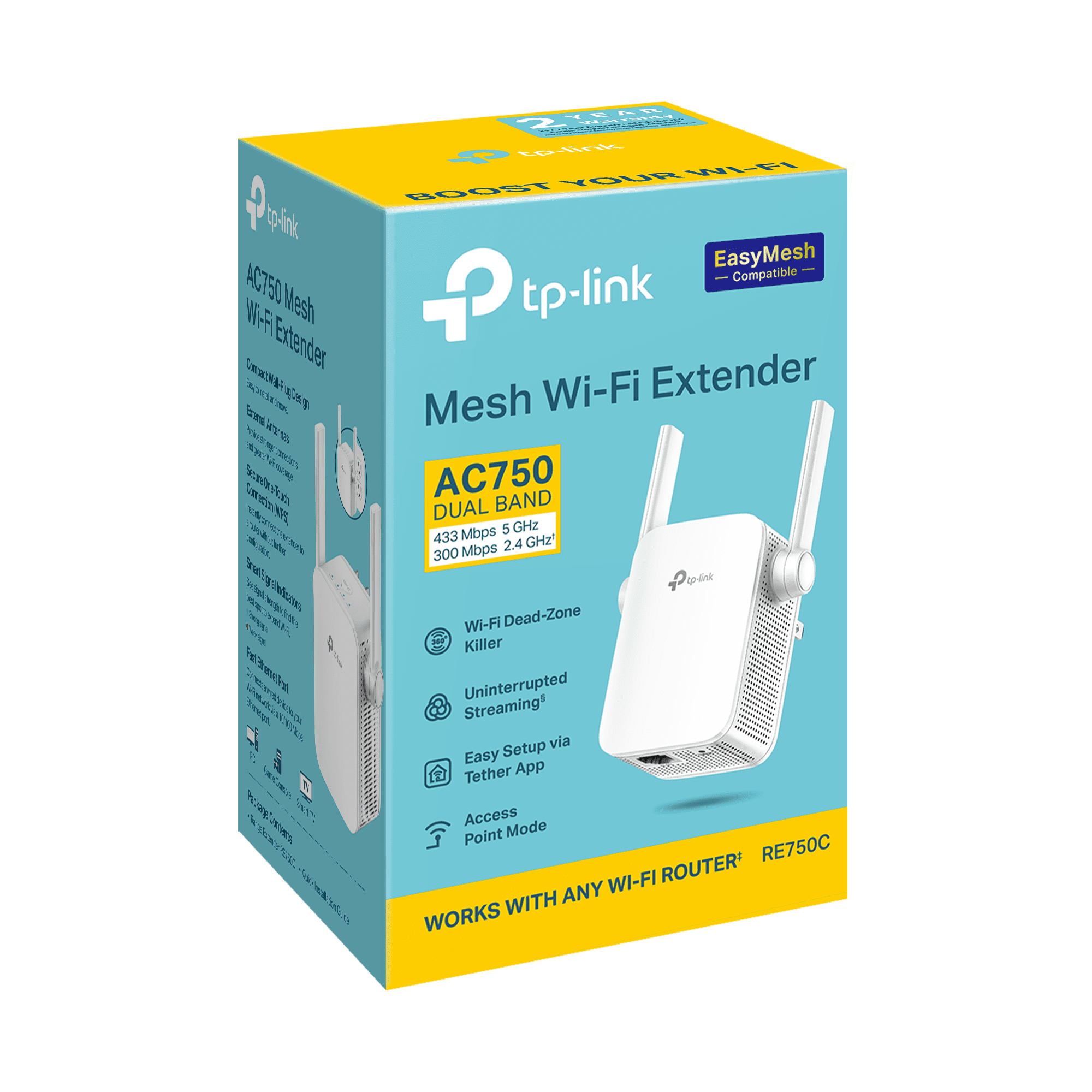 TP-Link AC750 Wi-Fi 5 Dual-Band, Range Extender with Speedy 750 Mbps Transfer Rate, Smart Roaming for Stable Wireless Coverage, Ethernet Port to Direct Connect a Device -  RE750C
