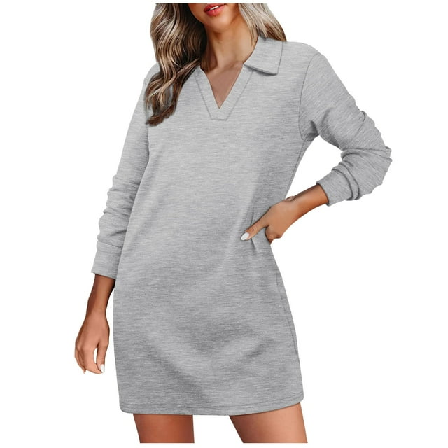 Wyzesi Robe Décontractée pour Femmes Extensible Manches Longues Col à Revers Col en V Robe Sweat-Shirt Coupe Ample Couleur Unie Mini Robes Pyjama de Noël