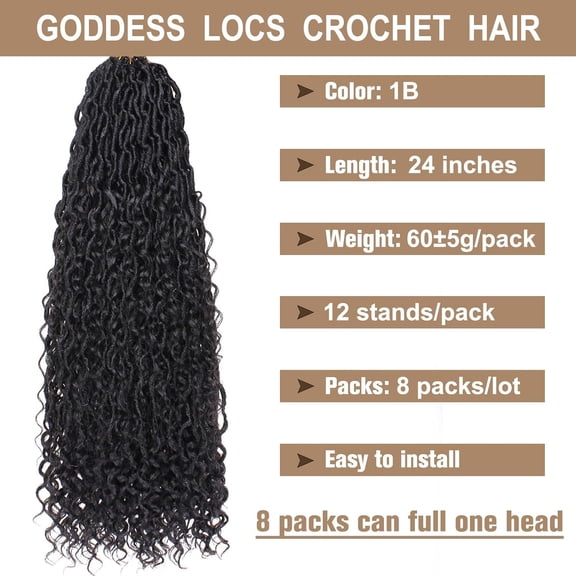 WEIF-24 Inch New Goddess Locs Crochet Hair 8 Packs Wavy Faux Locs Synthetic Hair with Curls Pre Looped Boho Soft River Locs Crochet Hair Synthetic Hair Extensions 1B#