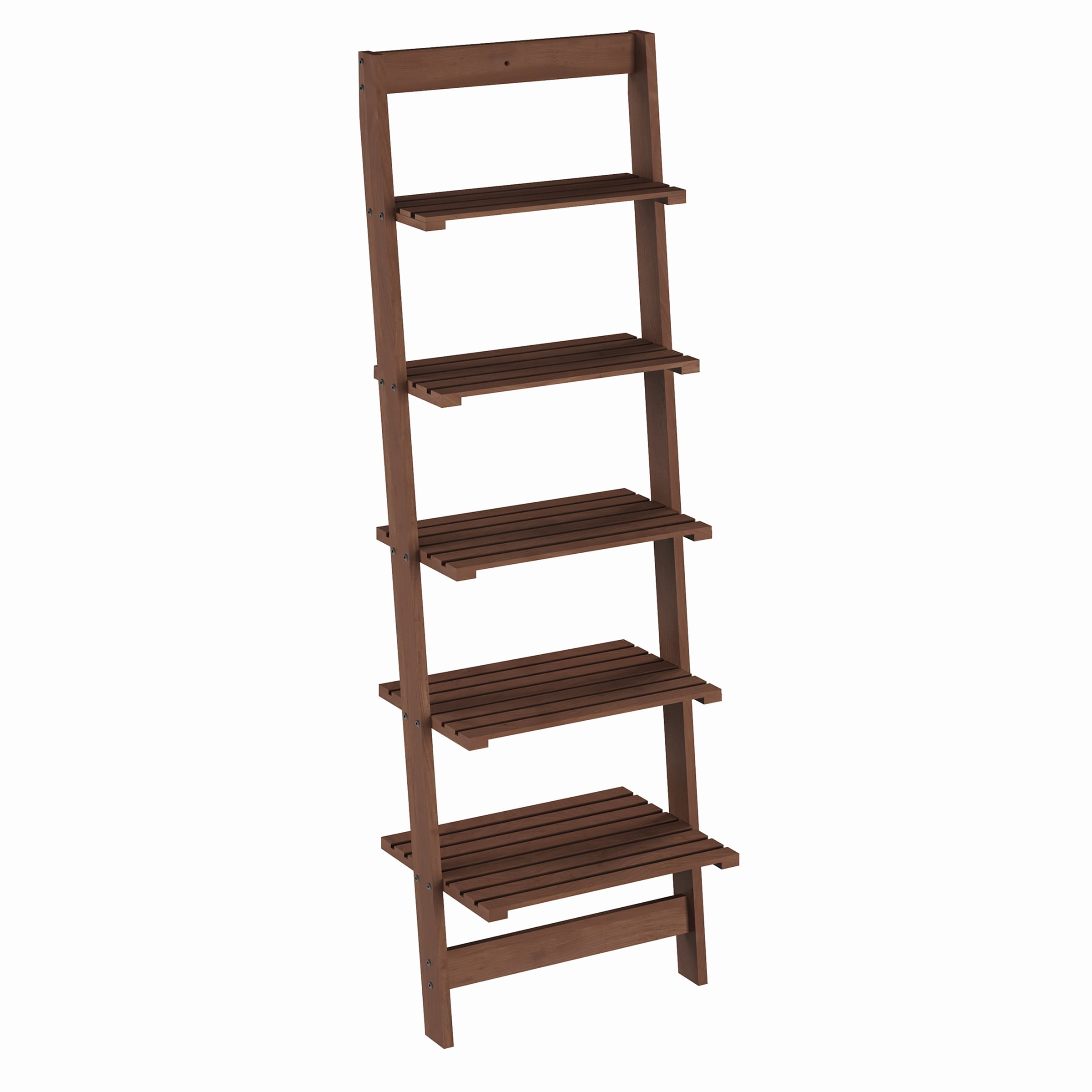 Lavish Home 5-Tier Slatted Wood Leaning Ladder Shelf in Walnut Finish for Narrow Storage