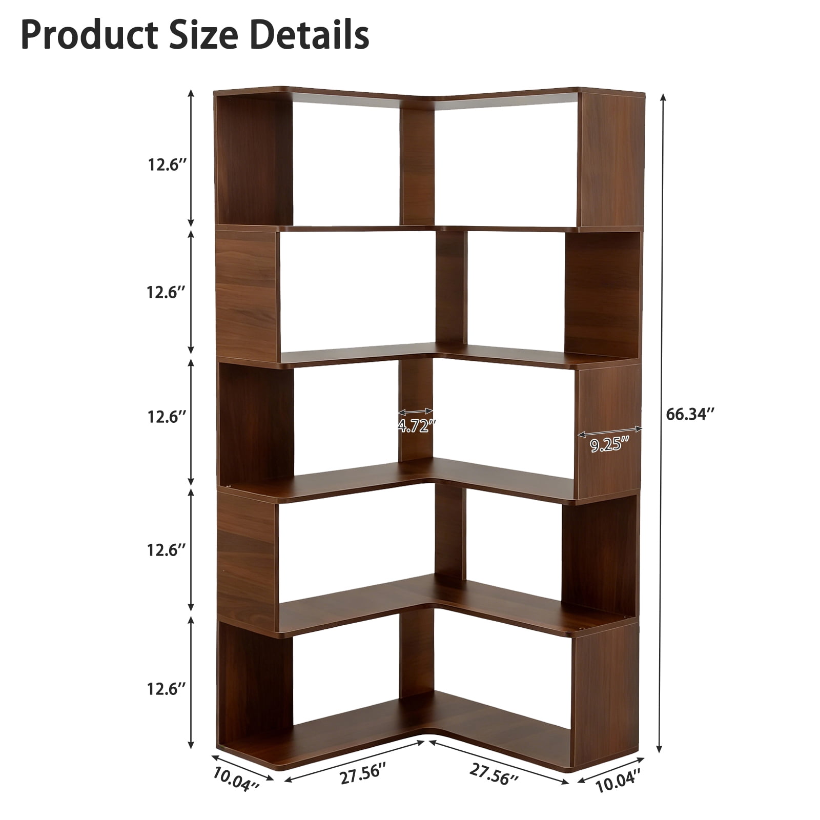 Bookshelf, 6 Tier Corner Shelf with Baffle and Anti-Tip Device, MDF Board for Living Room Bedroom Home Office Display, Walnut Finish