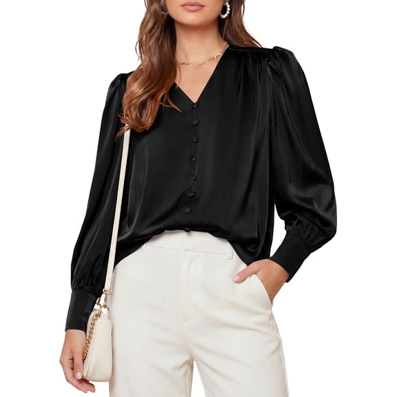 PRETTYGARDEN Satin Long Sleeve Womens Blouses Dressy Casual | Glossy Smooth Silk Fabric,Lantern Sleeve Fall Tops,Decorative Button Pullover,V Neck Shirts,Office Work Business Outfits