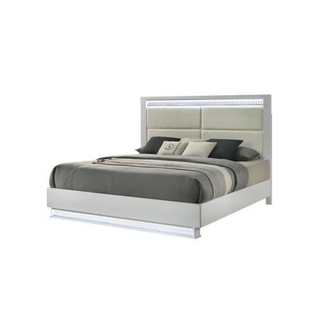 Glam Modern Style King Bed with LED headboard Made With Wood in White