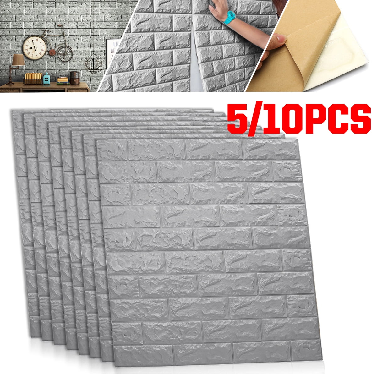 10pcs 3D Tile Brick Wall Sticker Self-adhesive Waterproof Foam Panel Wallpaper L 