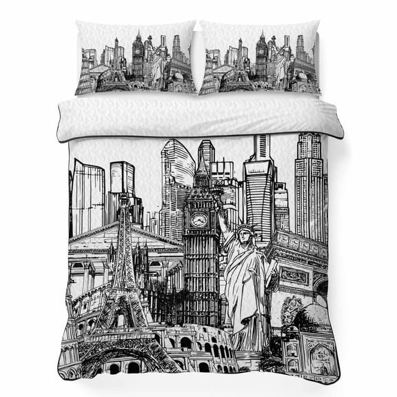 Quilts King Size Bedding Set, Modern Country Lightweight Quilted Comforter, Abstract Global Landmarks Black Grey Soft Reversible Bedspread Coverlet with Pillow Covers for All Season, 96" x 106"