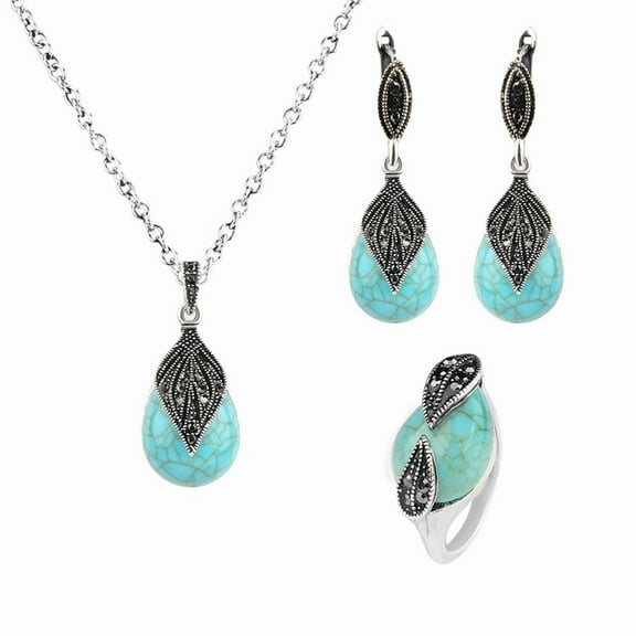 Kachbutis Western Turquoise Jewelry Set for Women Vintage Bohemian Adjustable Necklace Earrings Ring Set Boho Jewelry Cowgirl Accessories for Mom Wife Girlfriend 10
