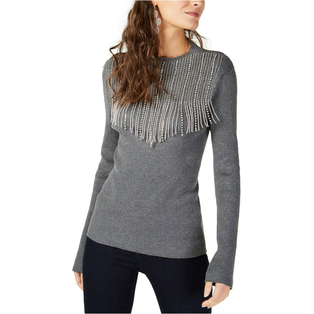 INC INC Womens Embellished Fringe Pullover Sweater, Grey, Large