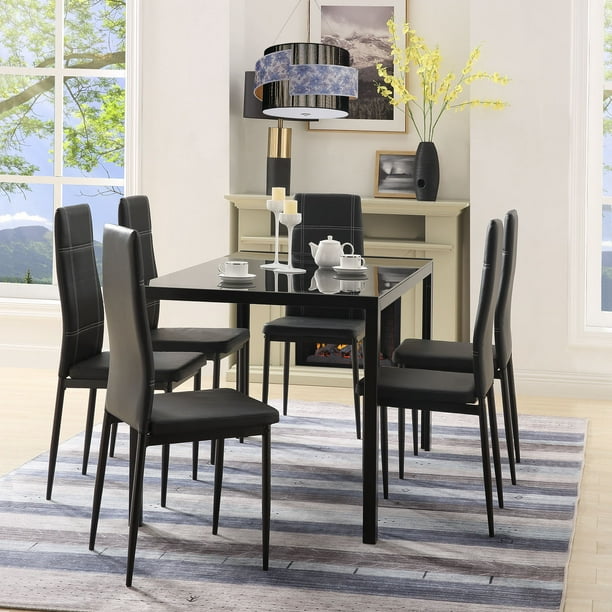 Dining Table And Chair Set Dining Set With 6 Chairs Glass Tabletop High Back Pu Leather Chairs Walmart Com Walmart Com