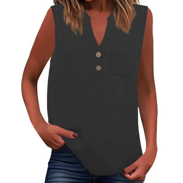 Camiseta sin mangas de verano para mujer, corte holgado, plisada, cuello en V, sin mangas, fluida, informal