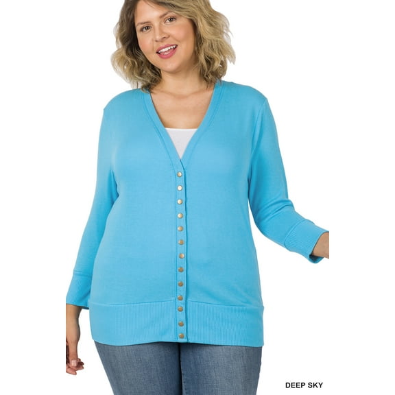 Zenana Women's Front V-Neck Classic Thin Snap Button Down 3/4 Sleeve Ribbed Knit Cardigan