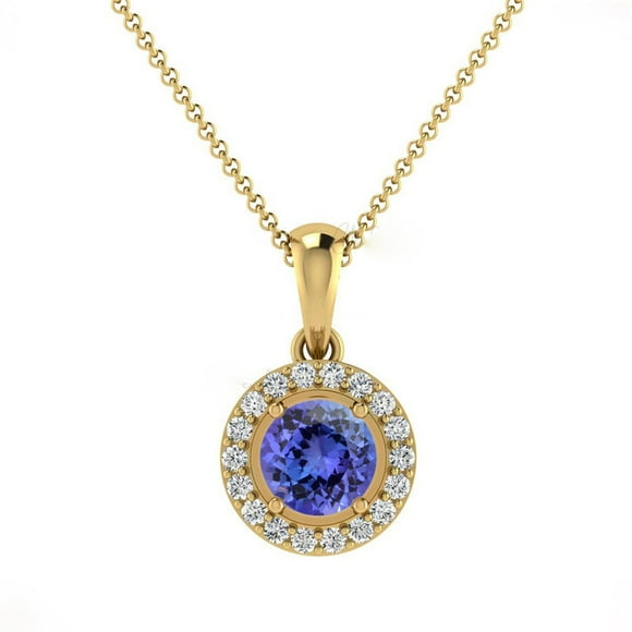 2.25 T.C.W Round Shaped Tanzanite Gemstone Natural Diamond Stunning Halo Style Necklace for Engagement Solid 18K Yellow Gold With 18 inches Chain
