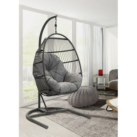 Outdoor Patio Hanging Egg Chair with Olefin Cushion and Metal Stand, Gray