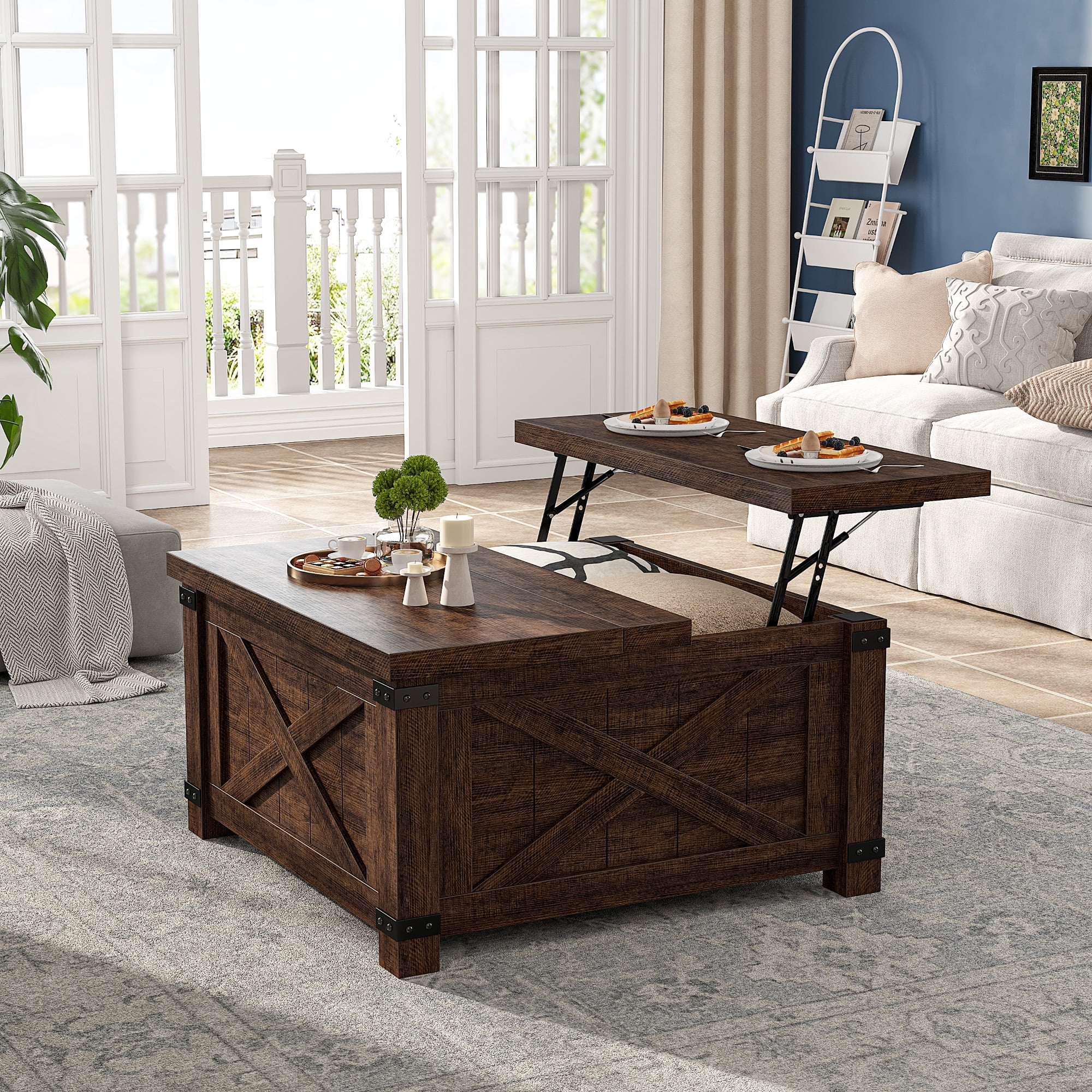 Romorgniz 35.7" W Square Lift Top Coffee Table Farmhouse Coffee Table with Large Hidden Storage Wooden Center Table for Living Room, Brown