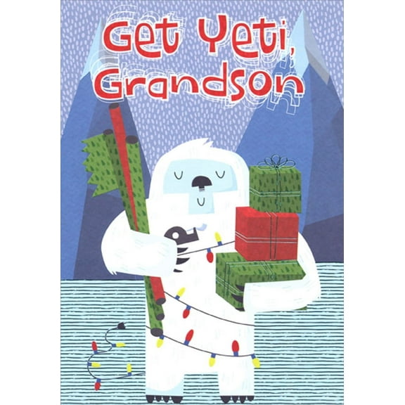 Designer Greetings Yeti Holding Gifts and Wrapping Paper Juvenile Christmas Card for Pre-Teen Grandson