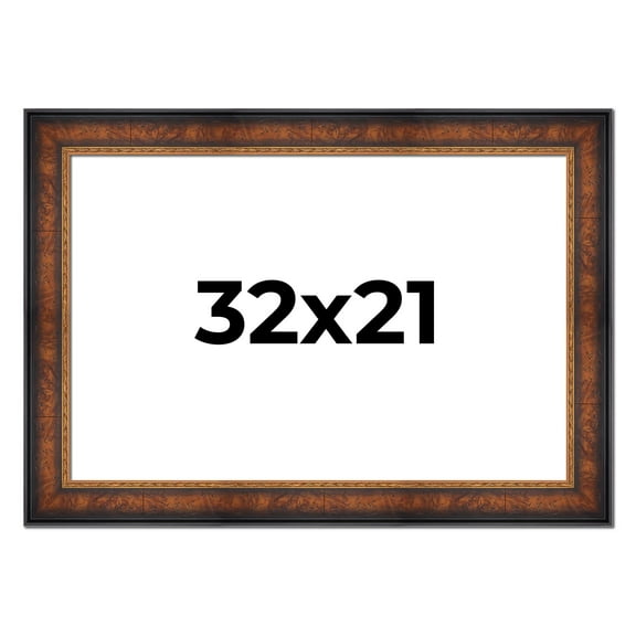 32x21 Frame Brown Walnut Gold Ornate Trim Solid Wood Plein Air Picture Frame | 3 Inch Moulding