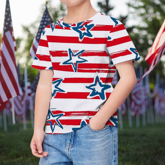 TOOYOU Boys Summer T-Shirt Kids Short Sleeve Independence Day Style Cartoon Print T Shirt Loose Comfortable Tops Size 6-7 Years Red