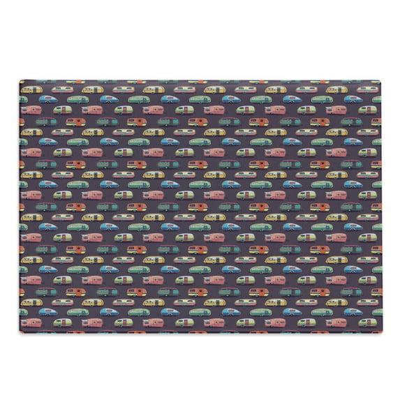 Happy Camper Cutting Board, Retro Travel Themed Continuous Pattern with Colorful Vans Graphic, Decorative Tempered Glass Cutting and Serving Board, in 3 Sizes, by Ambesonne