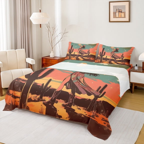 Feelyou Hippie Princess Teens Twin Sheet Sets, Vintage Western Cactus Plant Twin Fitted Sheet, Kawaii Cowgirl Cowboy Flat Sheet, Super Cozy Room Decor, 3 Pieces