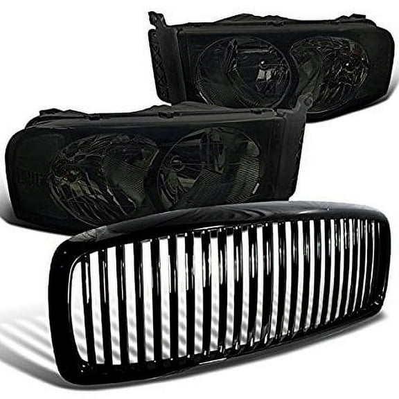 Dodge Ram 1500 2500 3500 Smoke Crystal Headlights Black Vertical Hood Grille