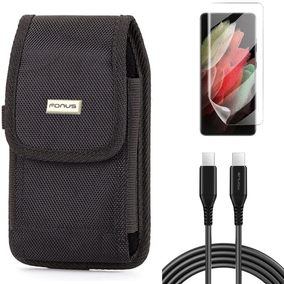 Case Belt Clip & 6ft Long USB-C Cable & Matte Screen Protector for Samsung Galaxy S21 Ultra Phone - Rugged Holster & PD Fast Charger Cord Power & TPU Film Anti-Glare Accessory Bundle