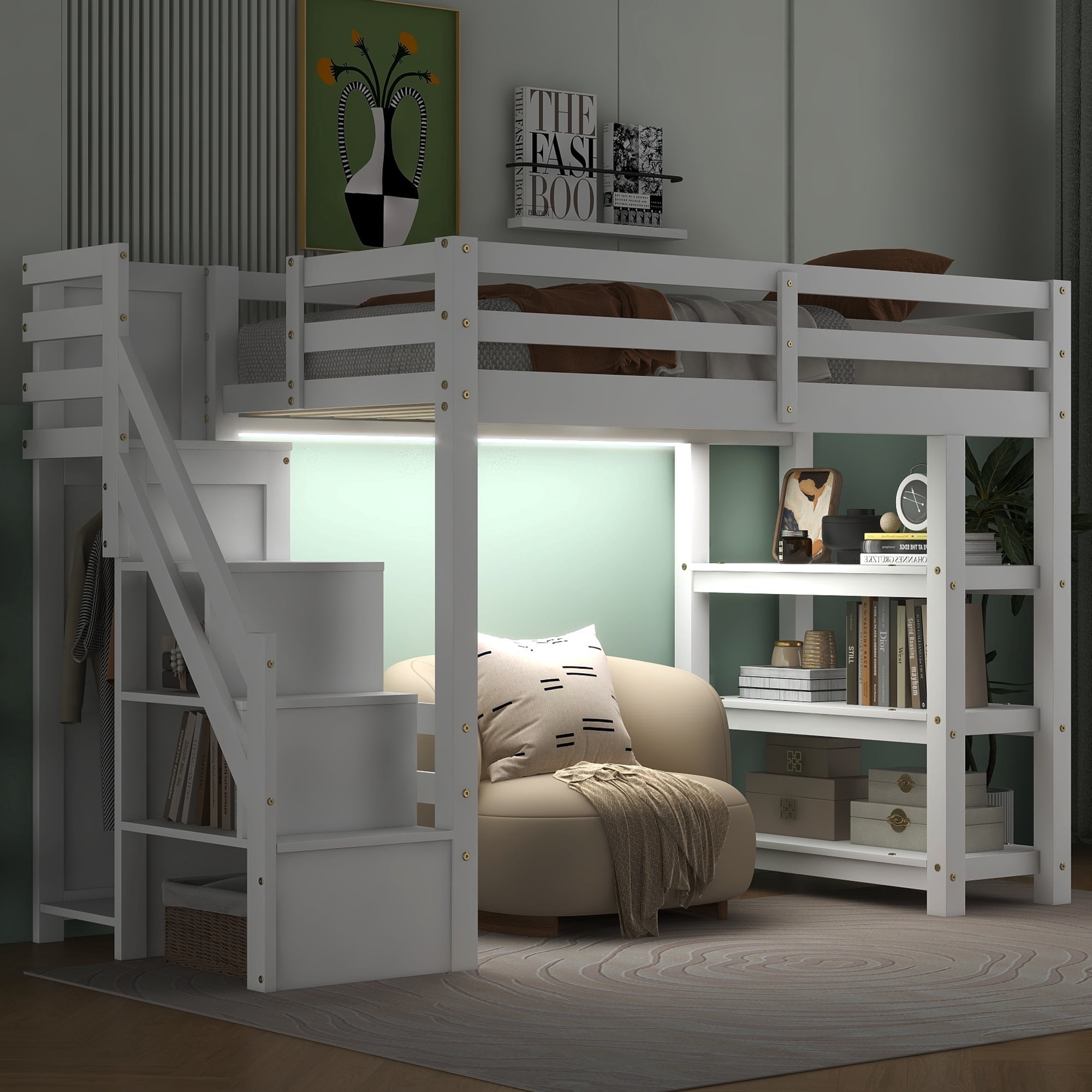 Euroco Wood Twin Size Loft Bed with Storage Staircase and Shelves, LED Light and Wardrobe for Kids, White