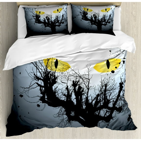 Horror House Duvet Cover Set, Scary Eyes Backgrounded Leafless Old Branch Angry Hunt Cat Animal Creature, Decorative 3 Piece Bedding Set with 2 Pillow Shams, Queen Size, Yellow Black, by Ambesonne