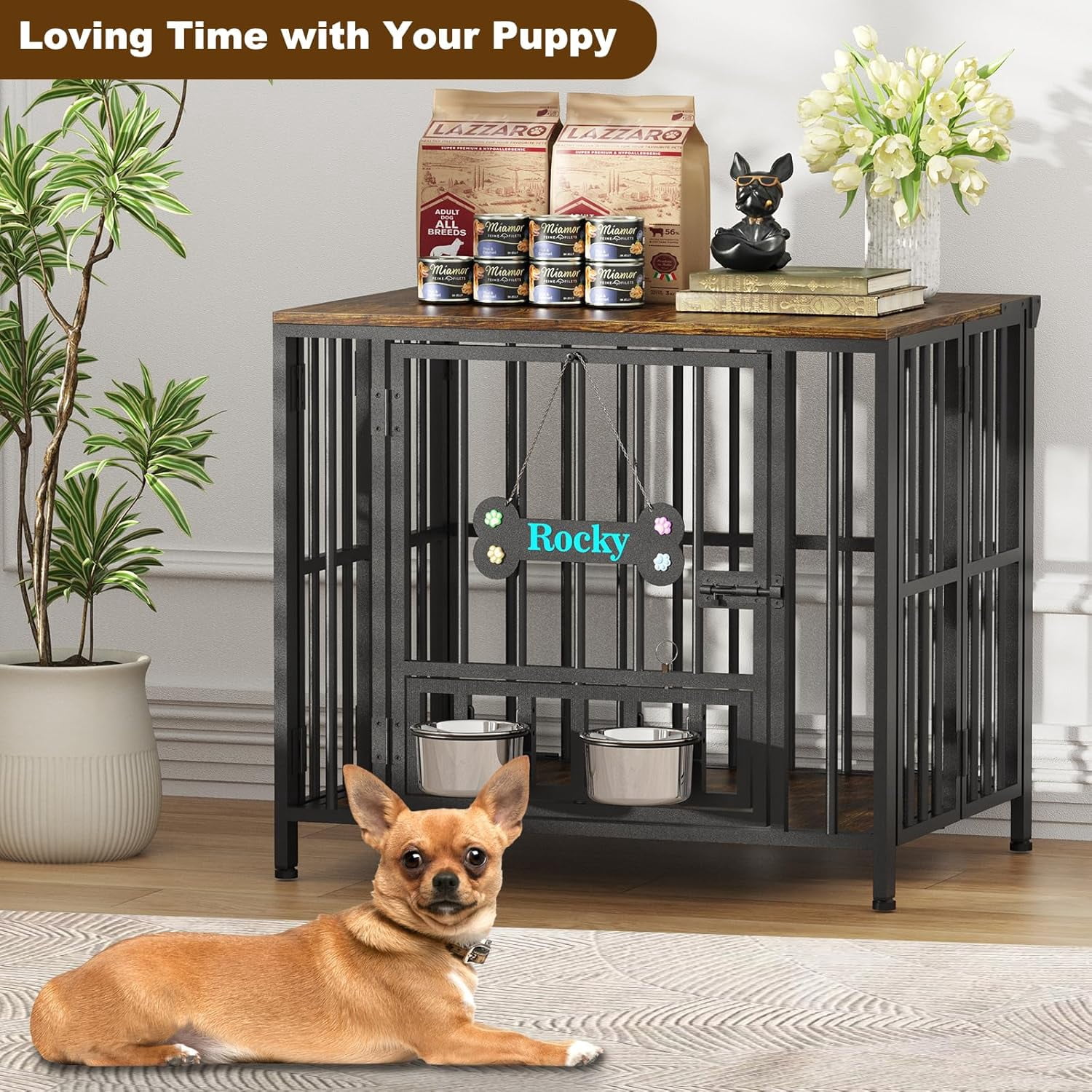 POAO 27" Dog Crate Furniture Foldable, No Assembly Decorative Dog Kennel Indoor with Adjustable Bowls and Name Tag,Small Size (Under 20 lb),Brown