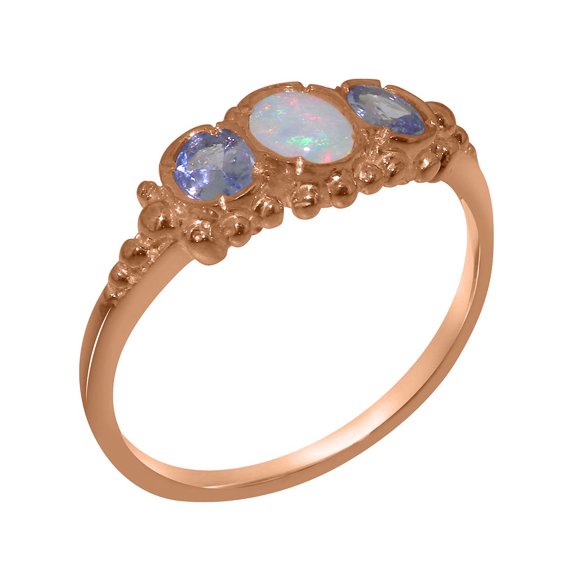 LBG British Made 14k Rose Gold Natural Opal & Tanzanite Womens Anniversary Ring - 33 size options - Size 10