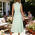 thumbnail image 3 of Pounoo Robes Midi pour Femmes Sans Manches à Imprimé Rayé, Col à Revers, Robe Boutonnée avec Taille Ajustable à Nouer, Ourlet Fluide, Robes de Travail Quotidiennes, Cadeau, 3 of 5
