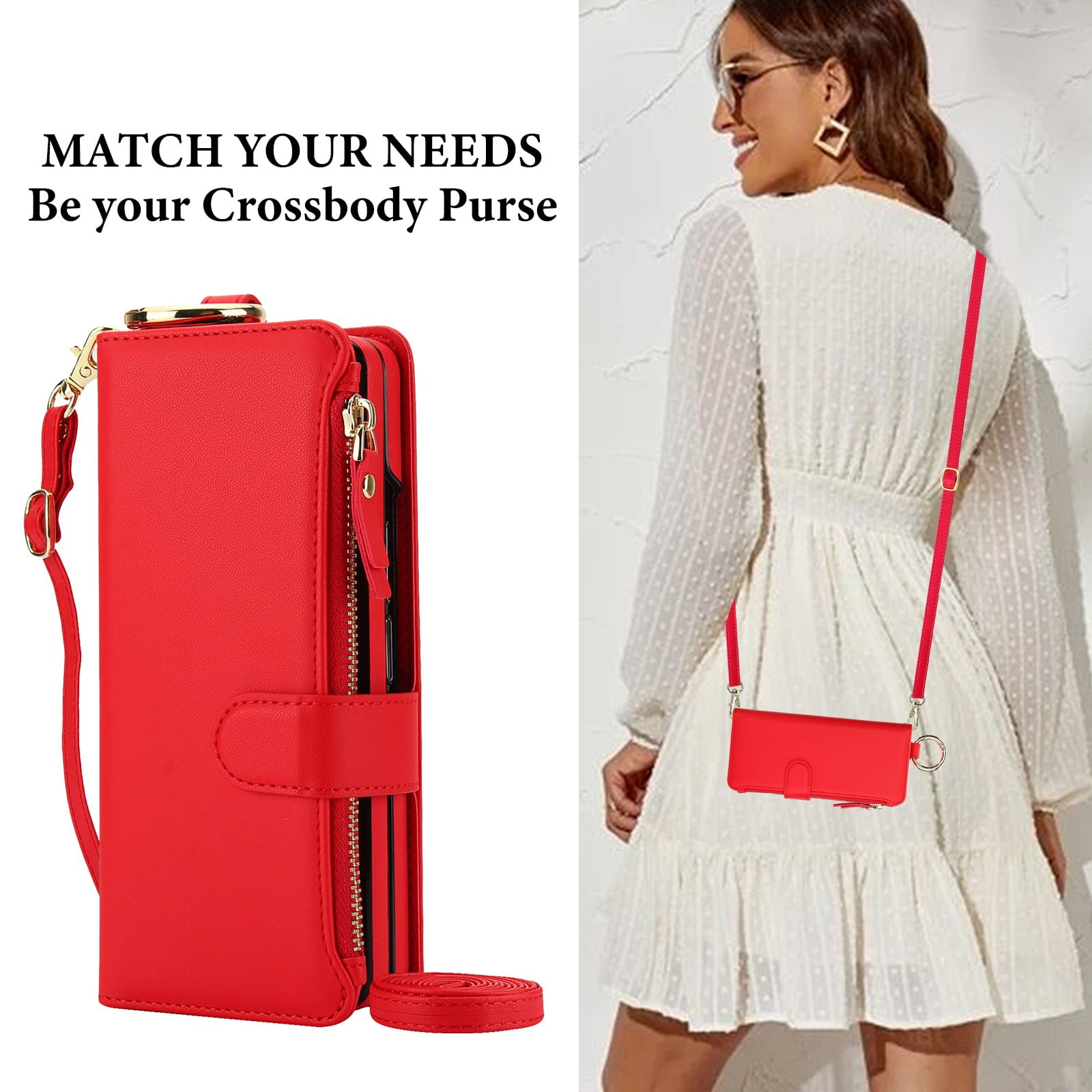 ELEHOLD For Samsung Galaxy Z Fold 4 Phone Case Leather Crossbody Zipper Card Wallet Flip Case Kickstand Cover, with Ring Holder,Full Body Protection-Red