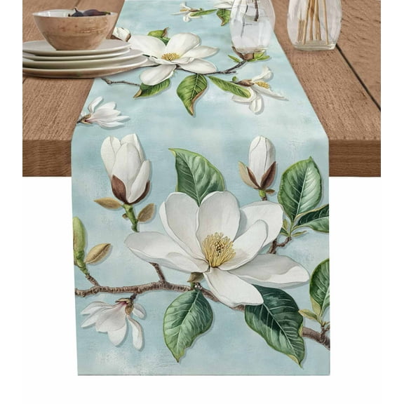 Botanical Floral Burlap Cotton Table Runner 13x36 Inches Short, Pastoral Magnolia Flowers Leaves Plant Farmhouse Table Runners, Outdoor Dining Tablecloths Decor for Baby Shower/Party/Wedding