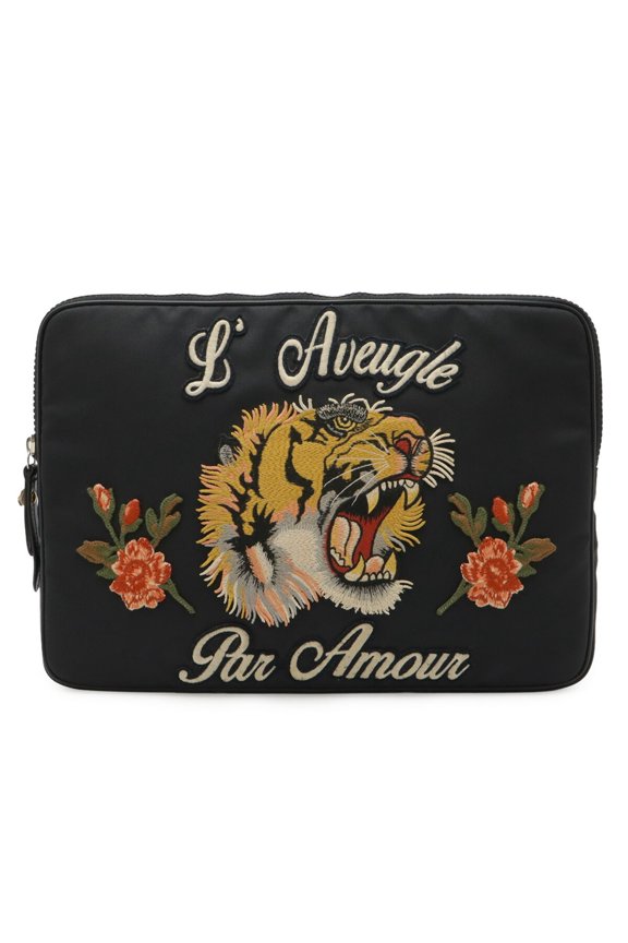 Pre-Owned GUCCI Tiger Embroidered Laptop Case/PC Case/Clutch Bag in Black Nylon Canvas (Product...
